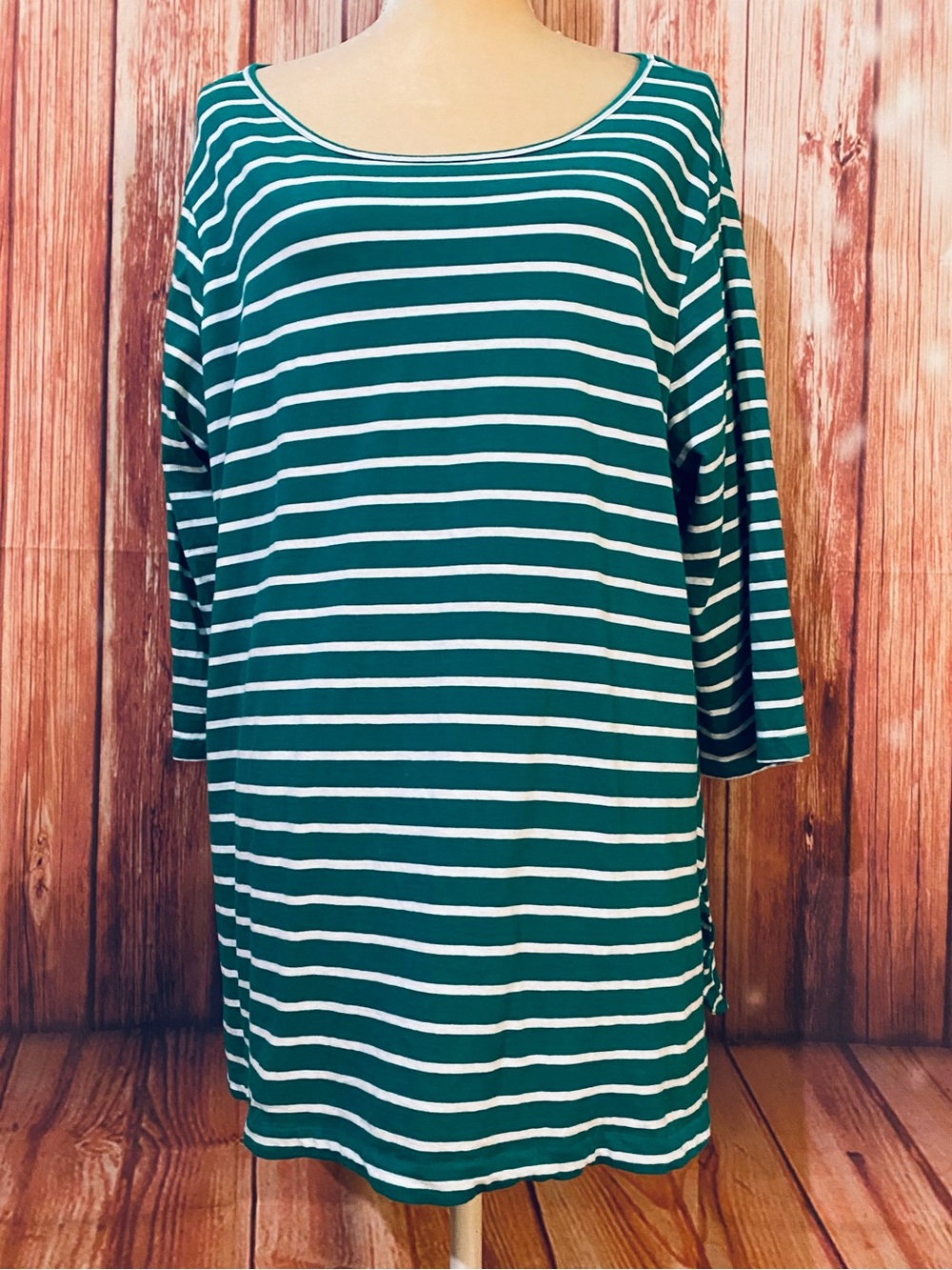Women’s Size 16 Blouse Green White Striped 3/4 Sleeves U Neck 100% Cotton Soft